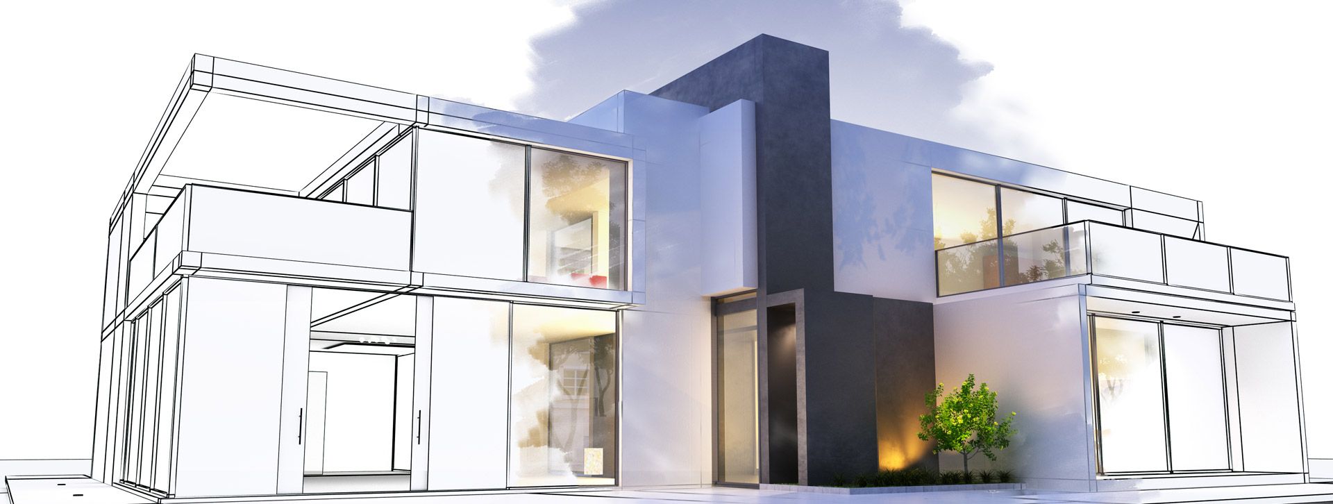 3D-Visualisierung eines modernen Hauses mit Glasfronten, kombiniert mit einer Architekturzeichnung