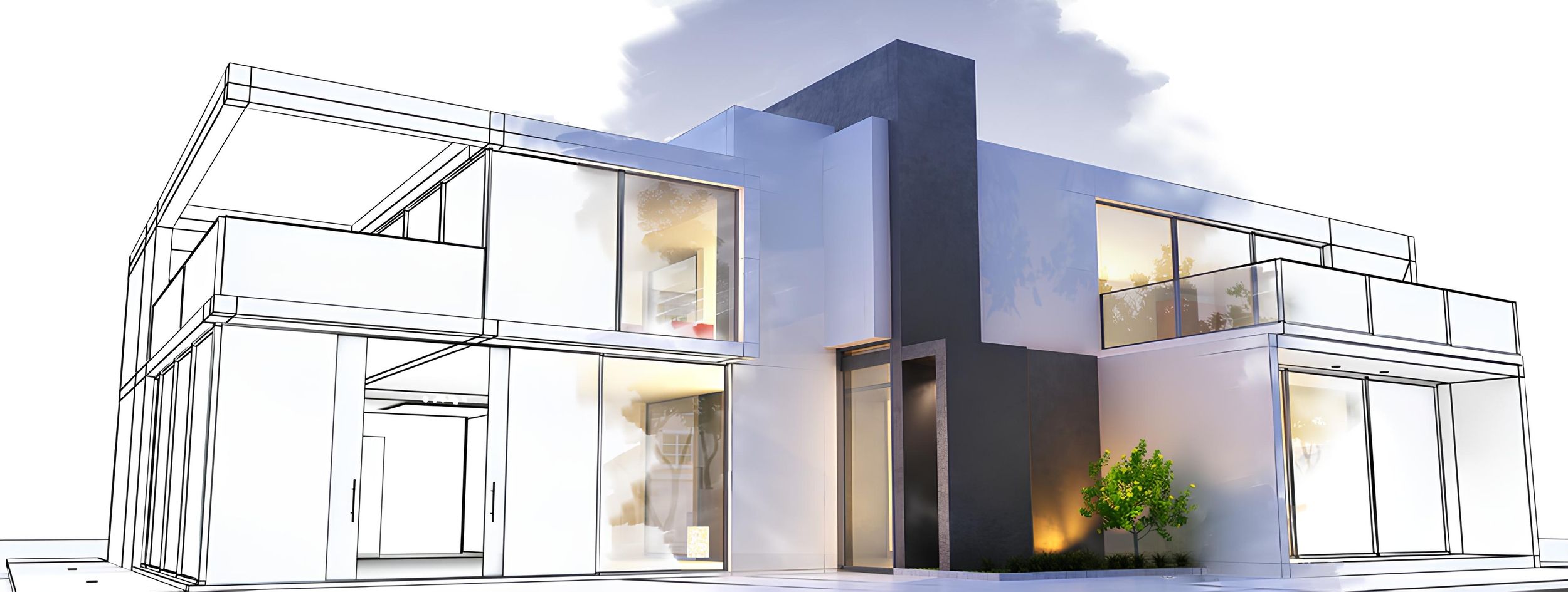 3D-Visualisierung eines modernen Hauses mit Glasfronten, kombiniert mit einer Architekturzeichnung